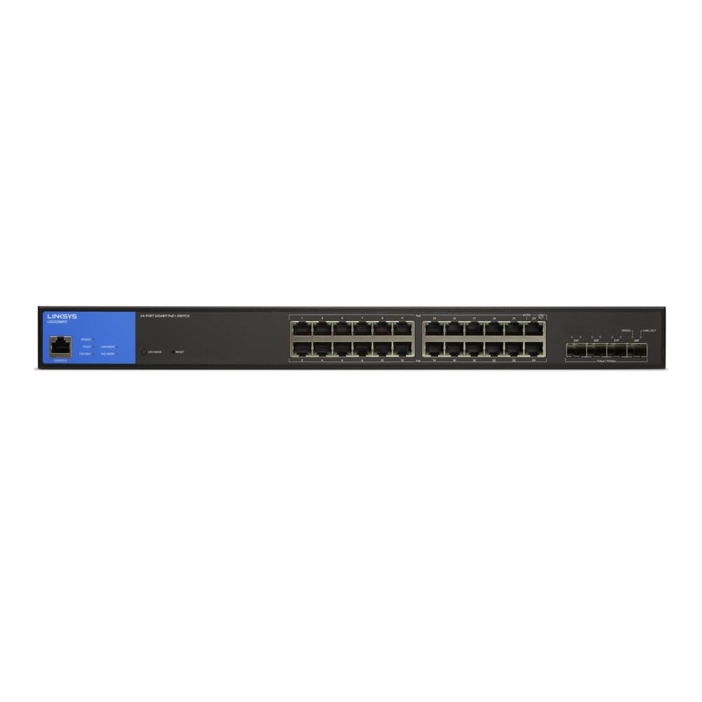 Linksys Network Switch LGS328MPC-EU 24 Port 410W Gigabit PoE+ 4 Ports 10G SFP+, Smart Managed Switch, Ethernet Splitter with Metal Housing, Wall or Desktop Mount