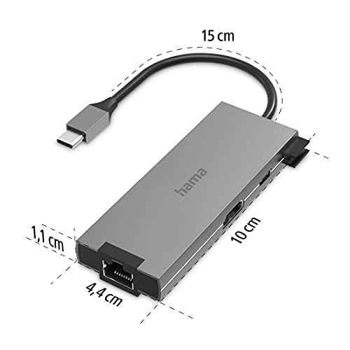 Hama 200109 USB-A, USB-C and LAN/Ethernet Multiport Hub, Grey