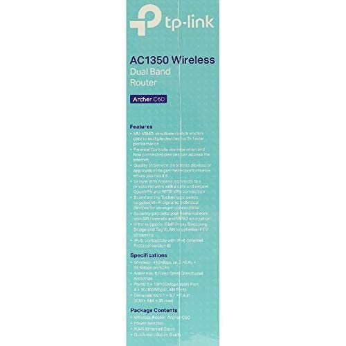 TP-Link Archer C60 AC1350 Broadband Router, Wireless 802.11ac, Up to 25 Devices, Dual Band (5GHz/2.4GHz), 4 LAN Ports RJ45