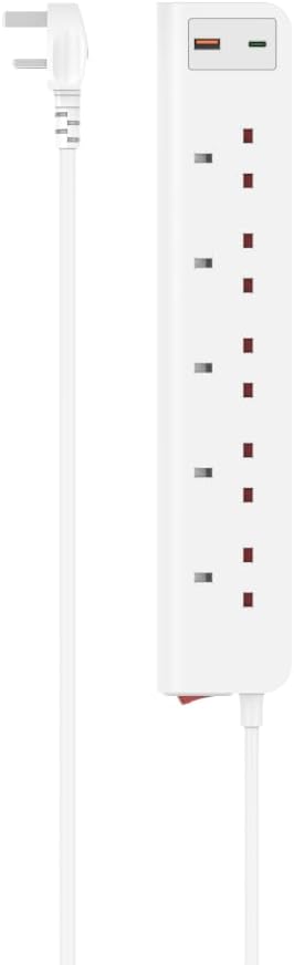 هاما شريط طاقة D3223862 بـ 5 اتجاهات USB C/A 20 واط قابس بريطاني، طول 2 متر، ابيض