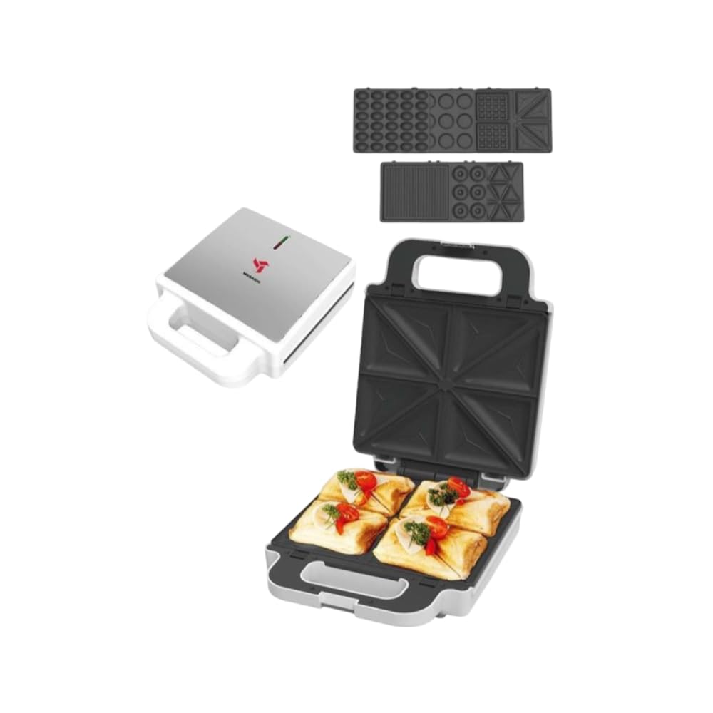 MEBASHI 7-in-1 Multi Snack Maker with Non-Stick Changeable Plates and Auto Lock Clip - White Steel(ME-SNM618WT)(1400W)