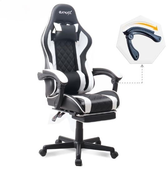 Gamax Gaming Chair Model 1-LT001L with Linkage Function Armrest & Retactable Footrest - White-Color may vary