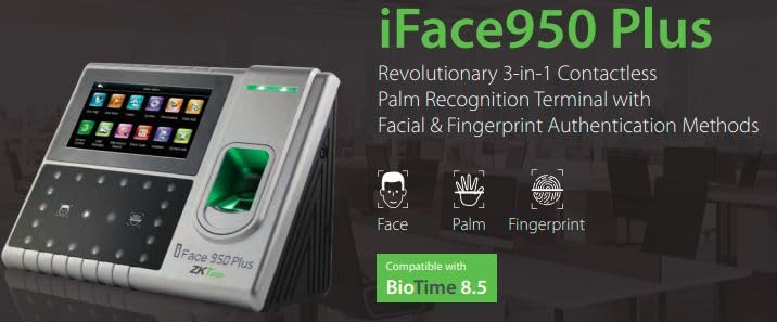 جهاز اي فيس 950 بلس متعدد القياسات الحيوية للتحكم في الوقت والحضور من زد كيه تيكو مع شاشة لمس 4.3 انش TCP/IP، مضيف USB، واي فاي (اختياري)، 3G (اختياري)