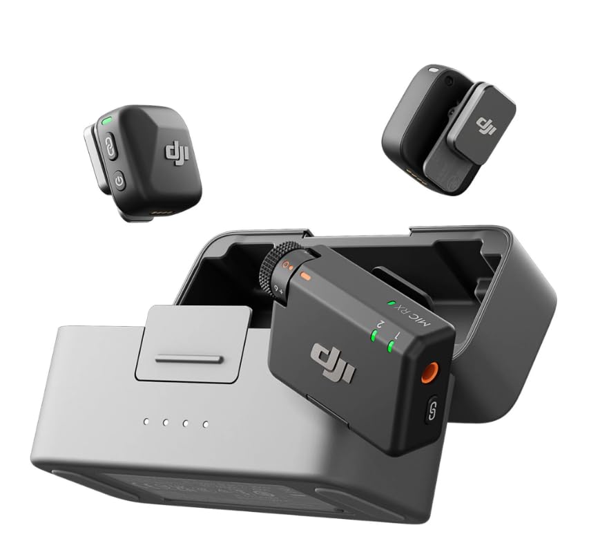 DJI ميكروفونات لافالير لاسلكية صغيرة مزدوجة مع علبة شحن