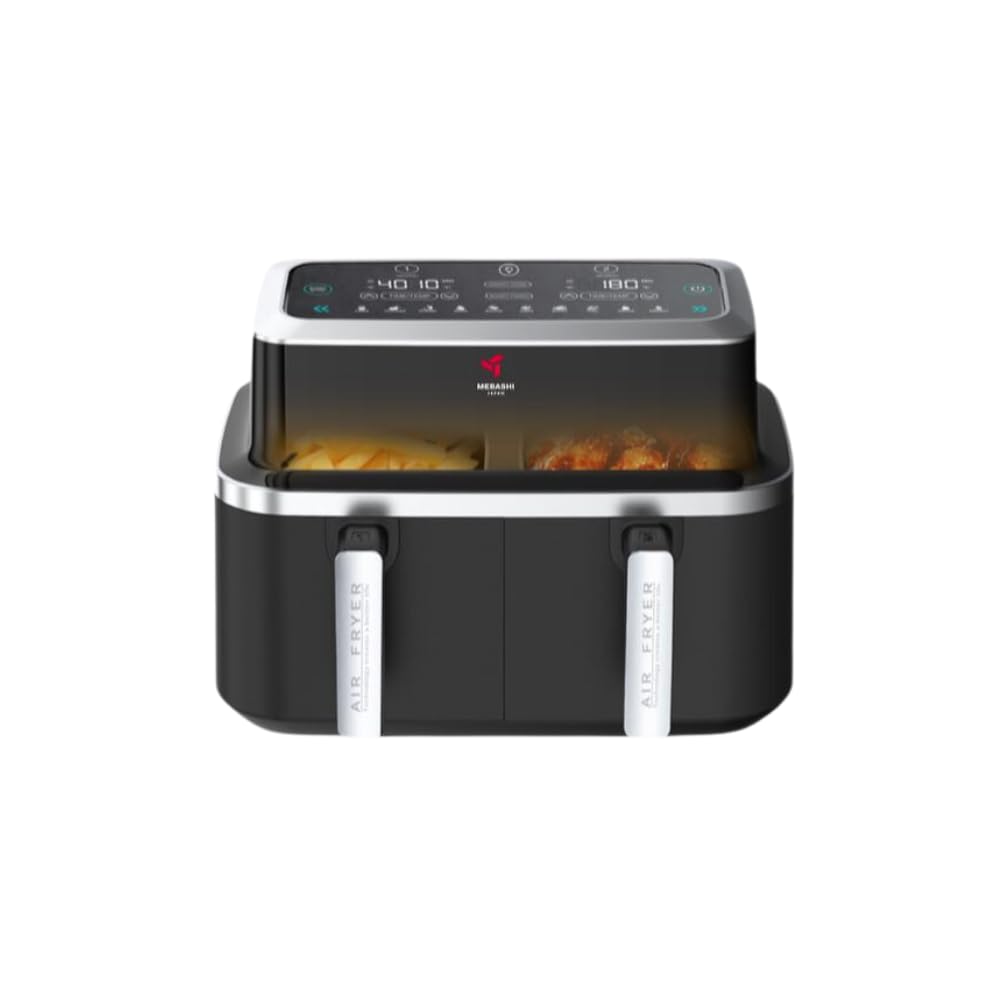 Mebashi 9 Liter Dual Basket Air Fryer with Touch Screen, Two Separate Baskets, Glass Window Air Fryer (ME-AF976) (2600 Watt)