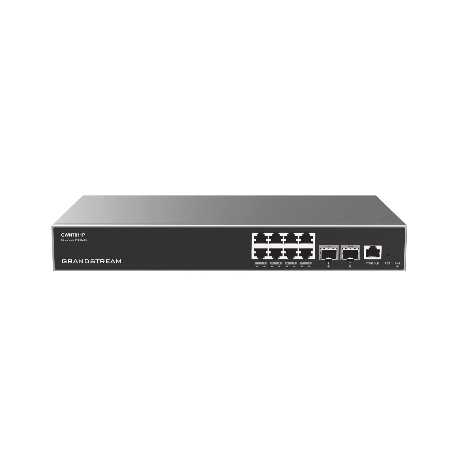 جراندستريم GWN7811P مفتاح طبقة مدار (طبقة) 3. المنافذ: 8X GbE RJ45 PoE 802.3 AF/at ، 30 واط لكل منفذ، 2X SFP+, علامة تجارية بدون مروحة، PRO0457860