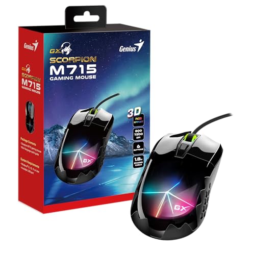 Genius Scorpion M715 Gaming Mouse, USB Black, 7200 DPI, 6 Programmable Buttons and Built-in Memory, RGB Light Well Ventilated - Compatible with Laptop and Desktop
