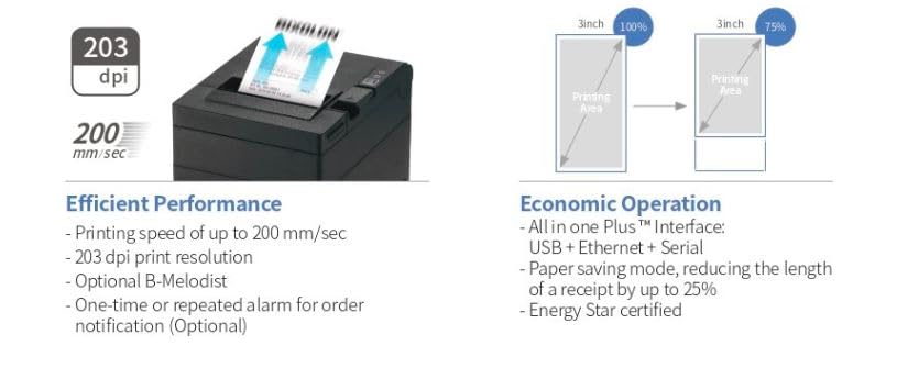 Bixolon SRP-B300 Thermal POS Printer, 200mm/s Print Speed, 203 DPI Resolution, 72mm Print Width, 1D & 2D Barcode Support, USB V2.0 FS + Ethernet + Serial Interface, Black | SRP-B300