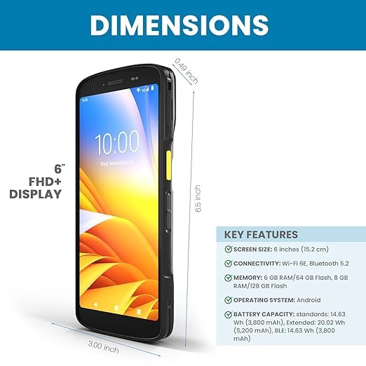 Zebra TC22 Mobile Computer, WLAN, WIFI 6, SE4710, 6inch DISPLAY, 6GB/64GB, 16MP RFC, 5MP FFC, 2-PIN BACK I/O, STANDARD BATTERY, NFC, BT, USB-C, GMS, ROW.