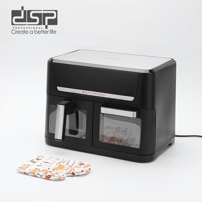 DSP KB2188 Dual Zone Air Fryer Oven14L with Visual Window, 1700W Air Fryer Oven with colorful Led Touch Screen for 10 Presets, Independently Controlled Double Baskets,Easy Clean Airfryer for home
