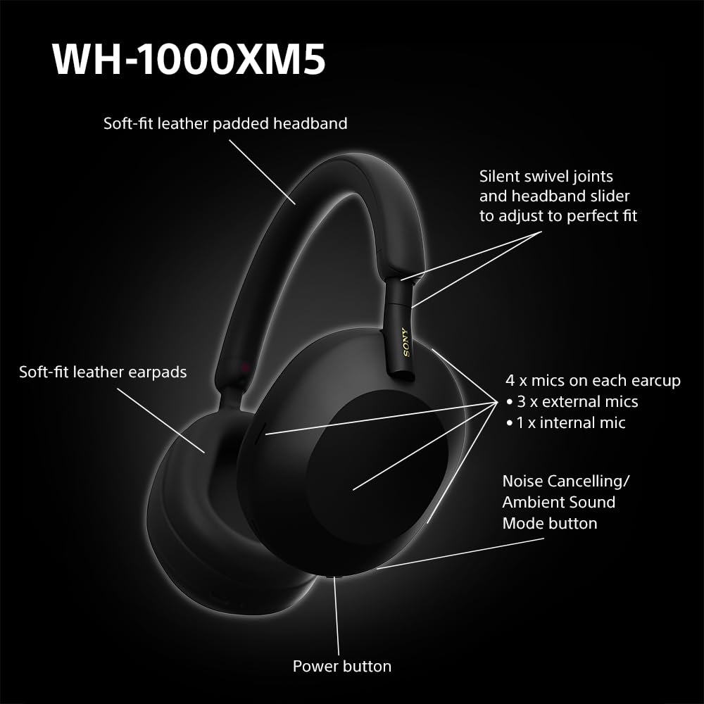 سماعات لاسلكية سوني WH 1000XM5 بخاصية الغاء الضوضاء لمدة 30 ساعة، عمر البطارية فوق الأذن مُحسَّن من أجل أليكسا وجوجل المساعد مع ميكروفون مدمج للمكالمات الهاتفية أسود، مقاس واحد