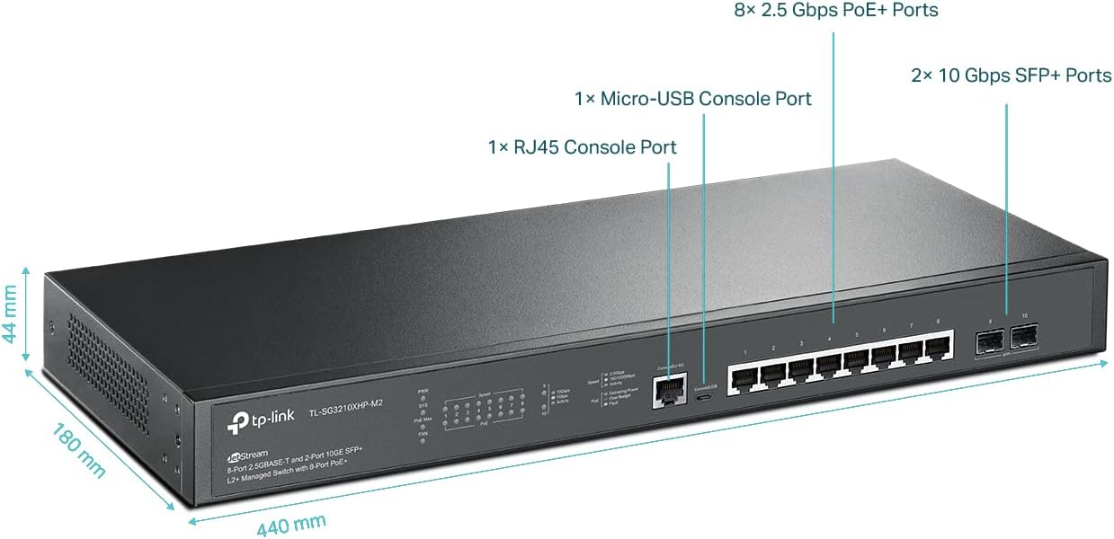 TP-Link TL-SG3210XHP-M2 | Jetstream 8 Port Multi-Gigabit L2+ Managed PoE Switch | 8 PoE+ Port @240W, 2 x 10G SFP+ Slots | 2.5G Bandwidth | Omada SDN Integrated | IPv6 | 5 Year Manufaturer Warranty