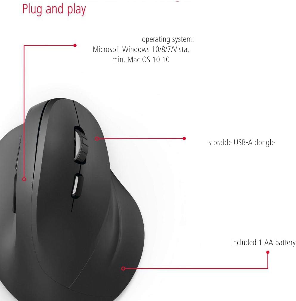هاما ماوس لاسلكي عمودي مريح "EMW-500" 182699، 6 ازرار، اسود - (عبوة من قطعة واحدة)، USB