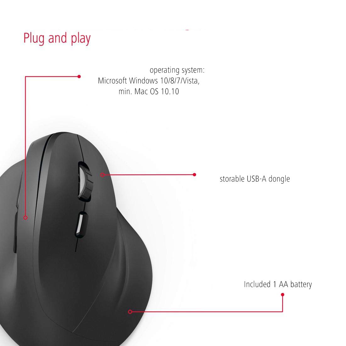 هاما ماوس لاسلكي عمودي مريح "EMW-500" 182699، 6 ازرار، اسود - (عبوة من قطعة واحدة)، USB