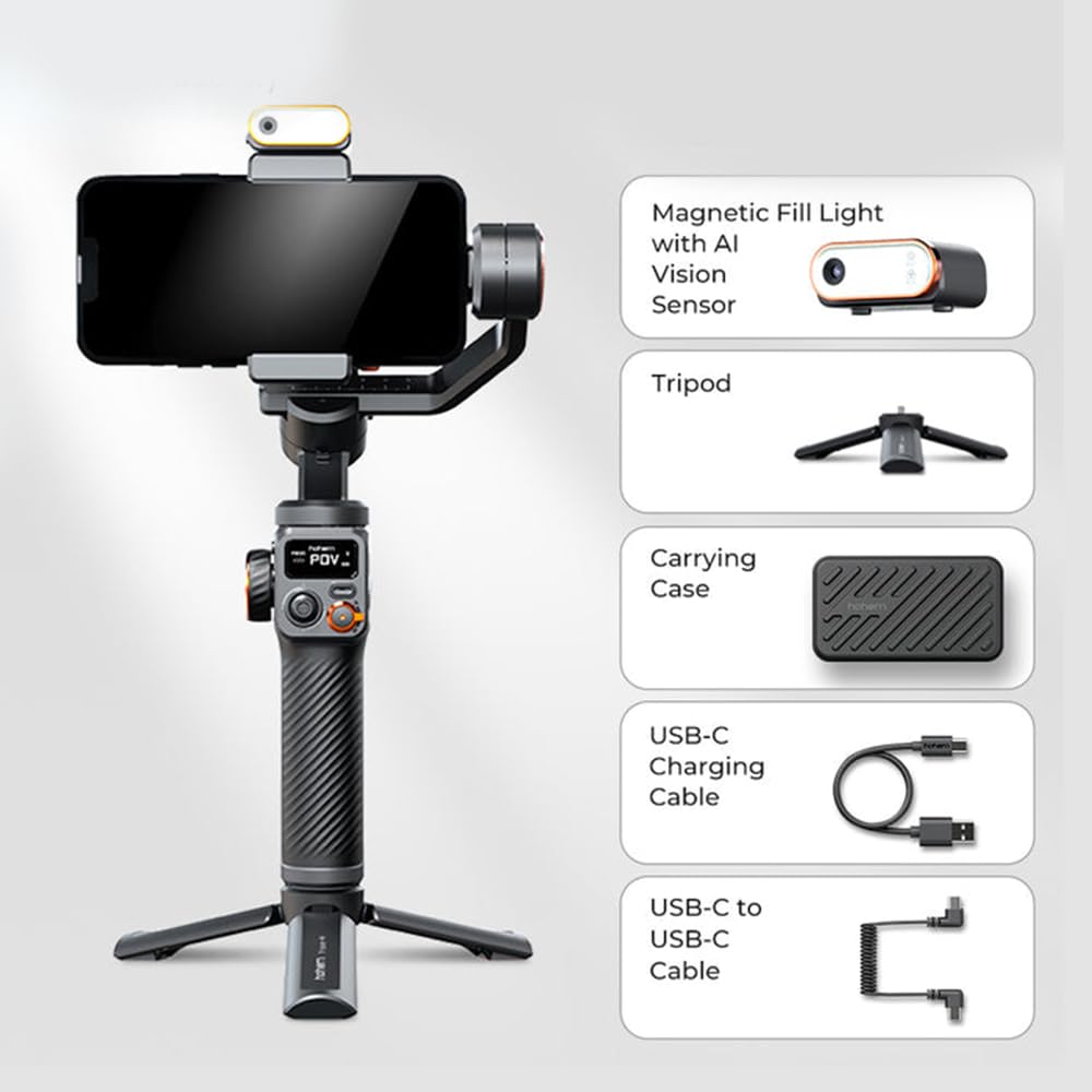 Hohem iSteady M6 Kit Gimbal Stabilizer for Smartphone 3-Axis with Magnetic Fill Light AI Vision Sensor for iPhone Android with 0.91-inch OLED Display Max Payload 400g,ideal for youtube vlog TikTok