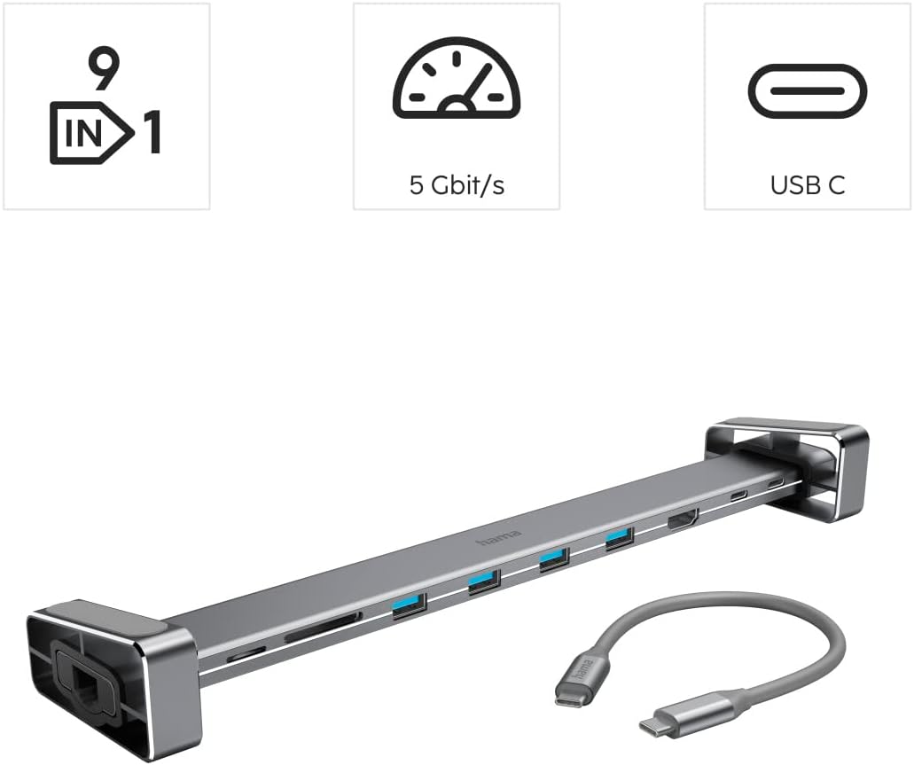 Hama 200103 9-in-1 USB-C Docking Station for 4x USB-A, USB-C, HDMI, LAN, SD and MicroSD