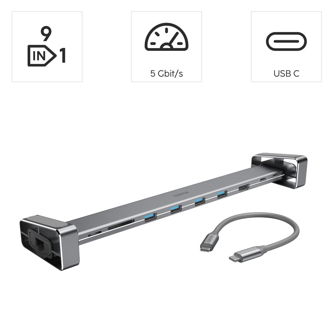 Hama 200103 9-in-1 USB-C Docking Station for 4x USB-A, USB-C, HDMI, LAN, SD and MicroSD