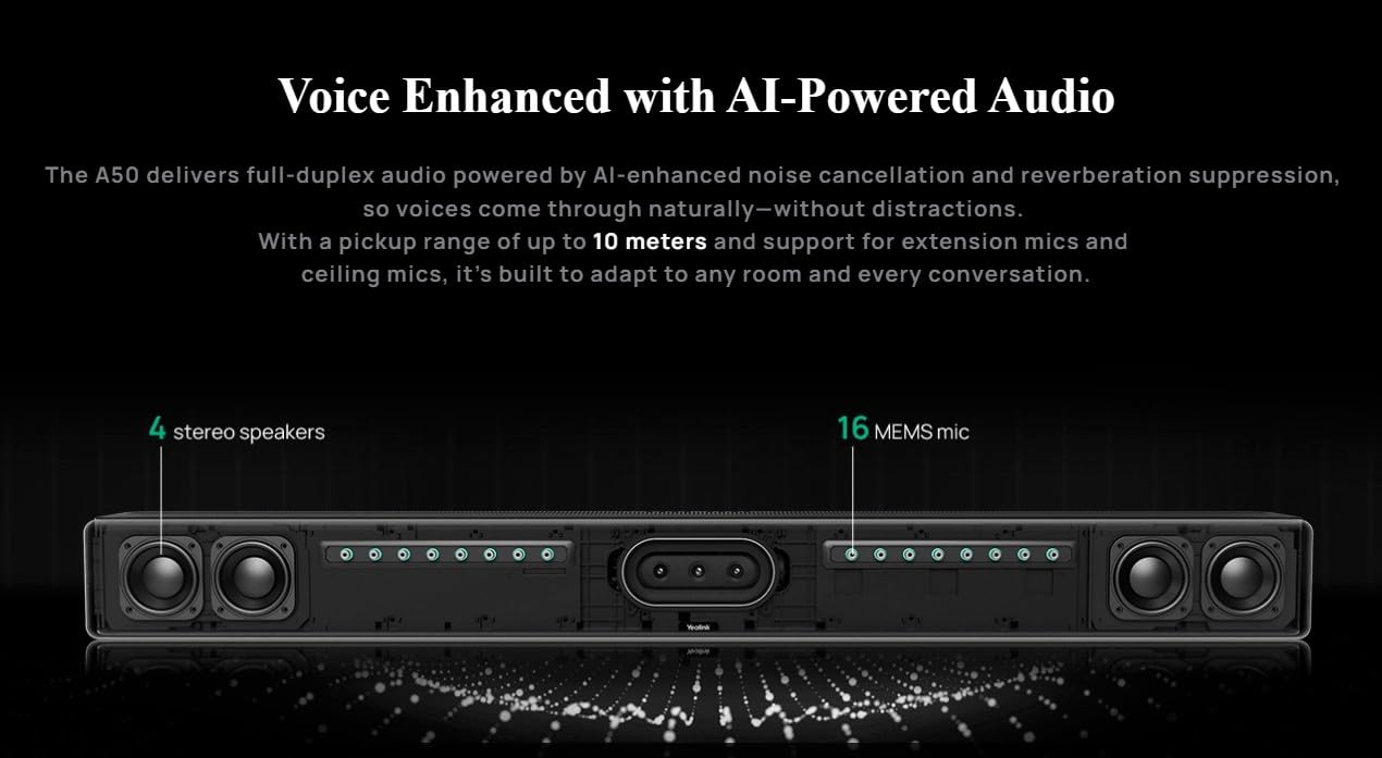 نظام غرفة اجتماعات فيديو 4K A50-010 من ي@لينك مع كاميرات ثلاثية بدقة 50 ميجابكسل مع مصفوفة ميكروفون 16 ميمس متوافقة مع فرق مايكروس 0 قدم وزووم