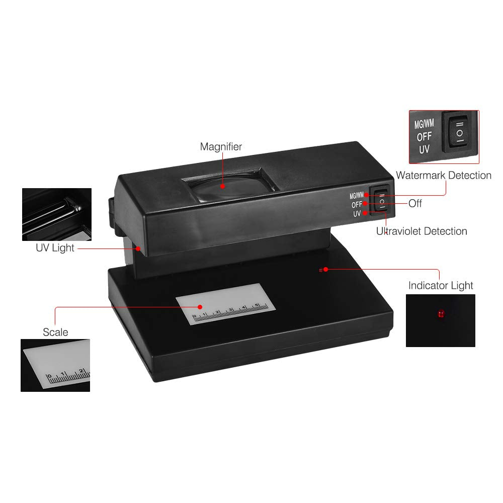 Portable Desktop Counterfeit Bill Cash Banknotes Notes Checker Machine Support Ultraviolet UV and Watermark Detection with Magnifier Forged Money Tester for USD EURO POUND, EU Plug
