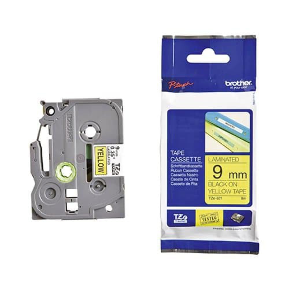 Brother Genuine TZe-621 9mm Standard Laminated Label Tape Replacement for Brother Label Printers, Black on Yellow