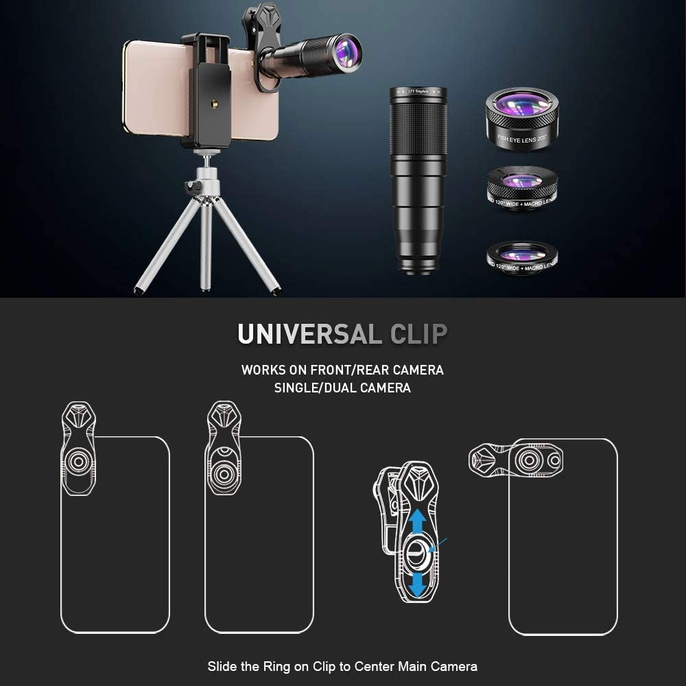 Apexel Phone Lens Kit 6 in 1, 22X Telephoto Lens, 205° Fisheye Lens, 120° Wide Angle Lens & 25X Macro Lens(Screwed Together), Compatible with iPhone 11 8 7 6 6s Plus X Xs/Max XR Samsung