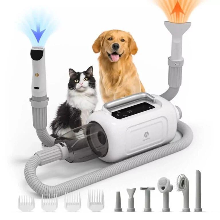 Fipka Guliguli Shark Dog Grooming Kit, Dog Vacuum and Hair Dryer with 3 Heat Settings and 2 Speed Settings, Dog Clippers with 7 Tools Pet Hair Remover for Shedding, Low Noise with Display