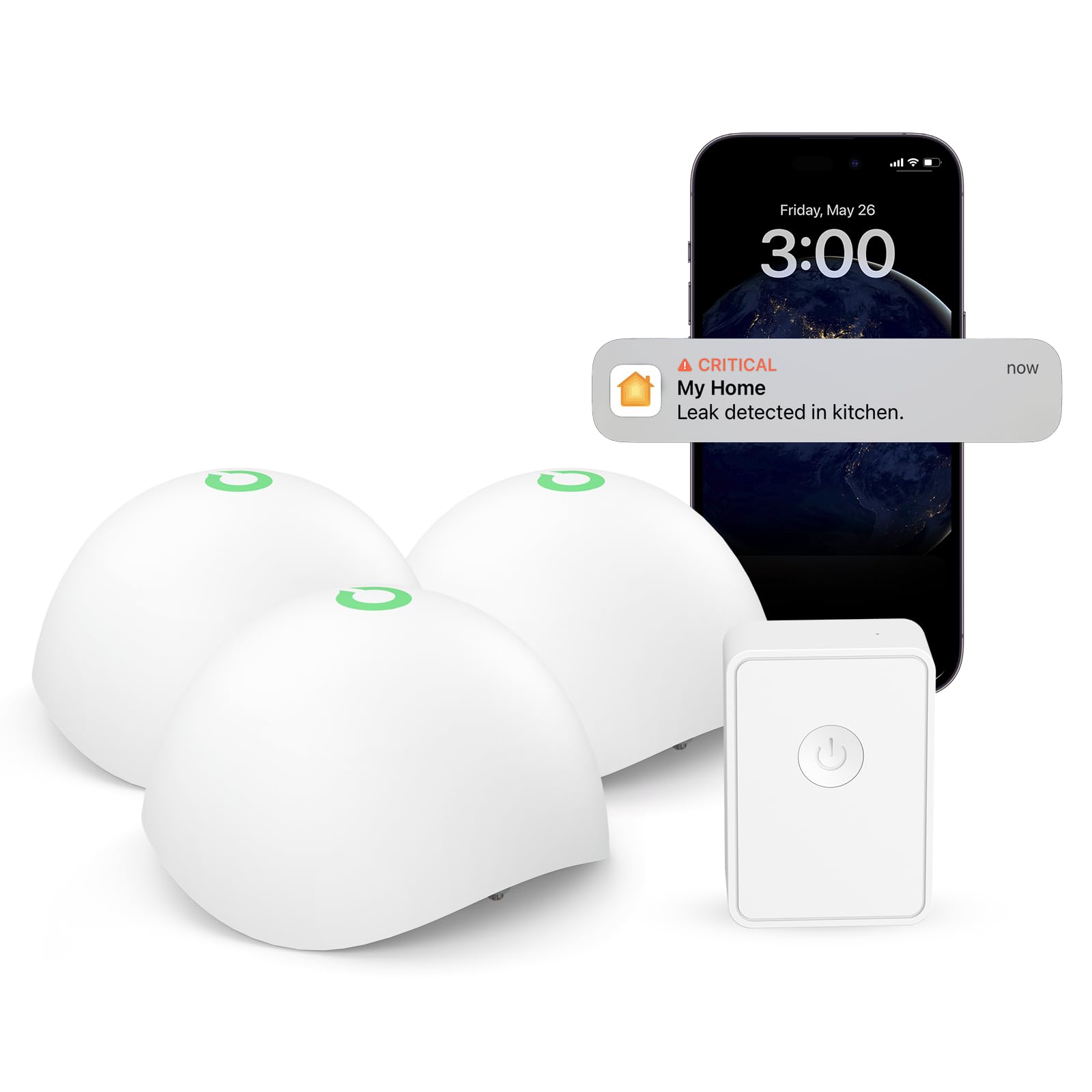 Meross Smart Water Detector WLAN Water Alarm 3 Pieces for HomeKit, Water Sensor with Hub Compatible with Apple Home, Alexa and SmartThings Wireless Flood Detector IP67, Audio Alarm for Kitchen,