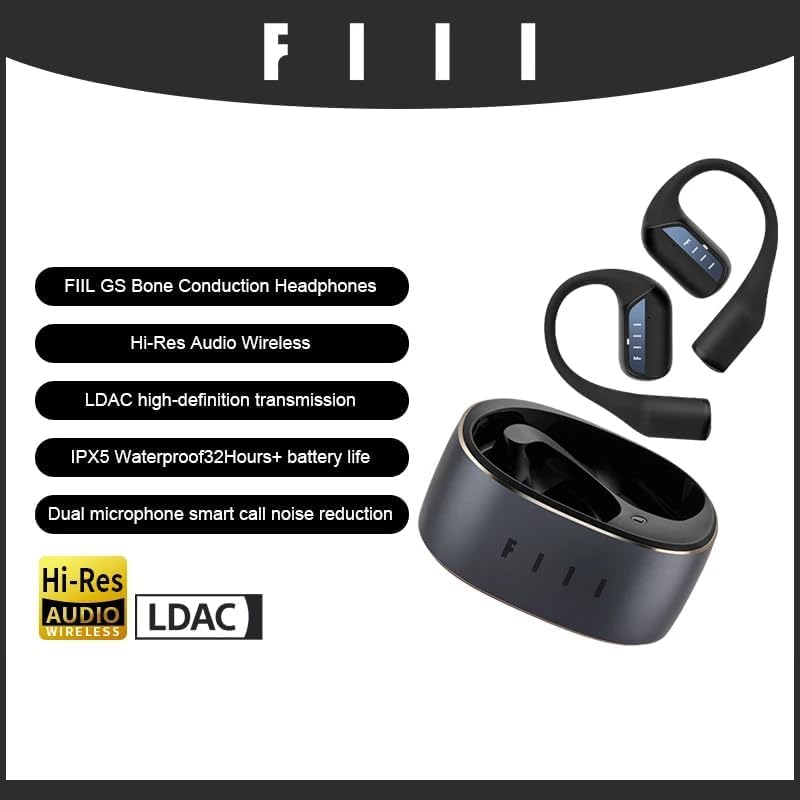 Fipka Phil GS Open Ear Bluetooth 5.3 Bone Conduction Headphones with 32 Hour Playback, High Definition Sound, Smart Dual Calls and Noise Reduction - Black
