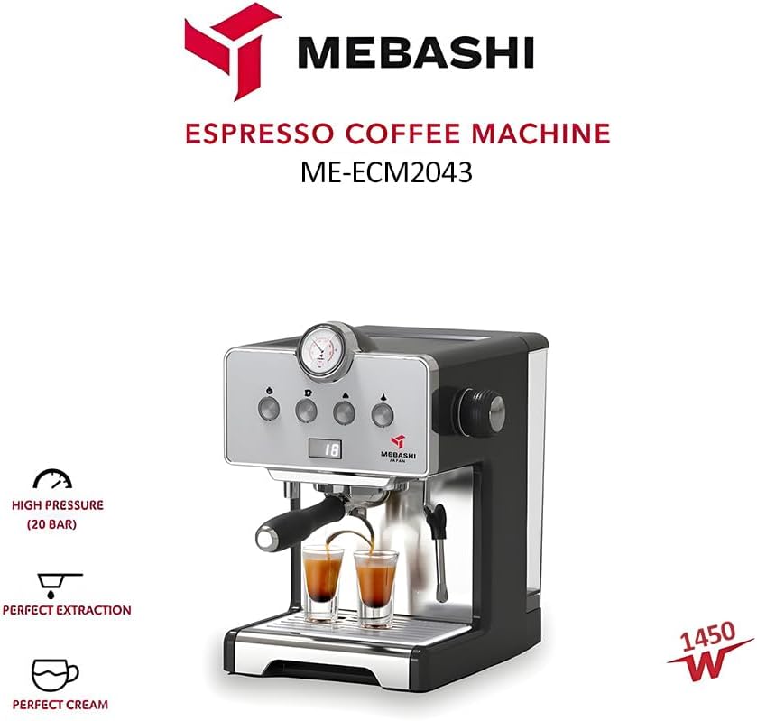 MEBASHI Espresso Coffee Machine - 15 Bar, 1.7L Capacity, Stainless Steel, Multifunction with Adjustable Brewing Time, and Professional Porta-Filter (ME-ECM2043)(1450W)