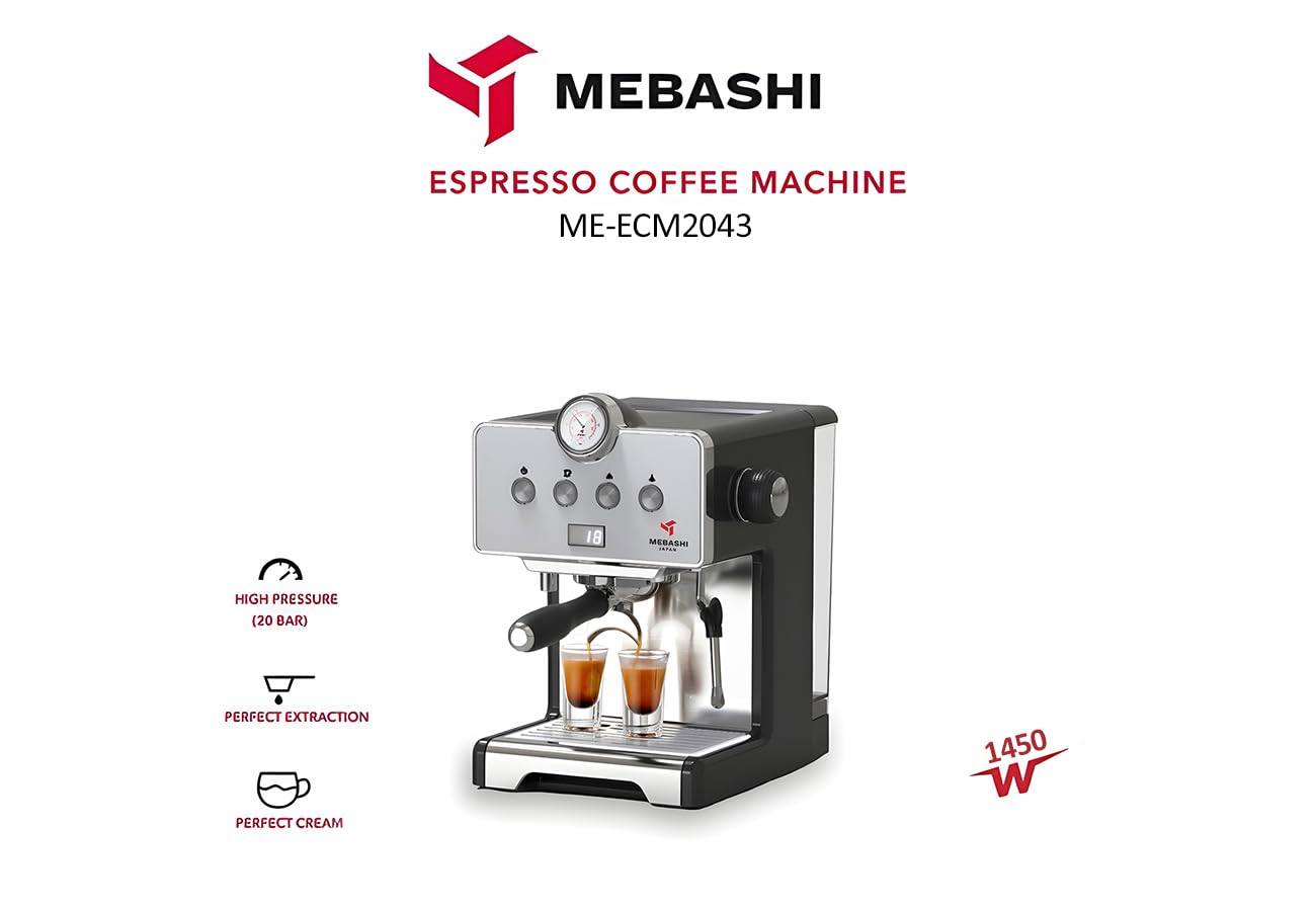 MEBASHI Espresso Coffee Machine - 15 Bar, 1.7L Capacity, Stainless Steel, Multifunction with Adjustable Brewing Time, and Professional Porta-Filter (ME-ECM2043)(1450W)