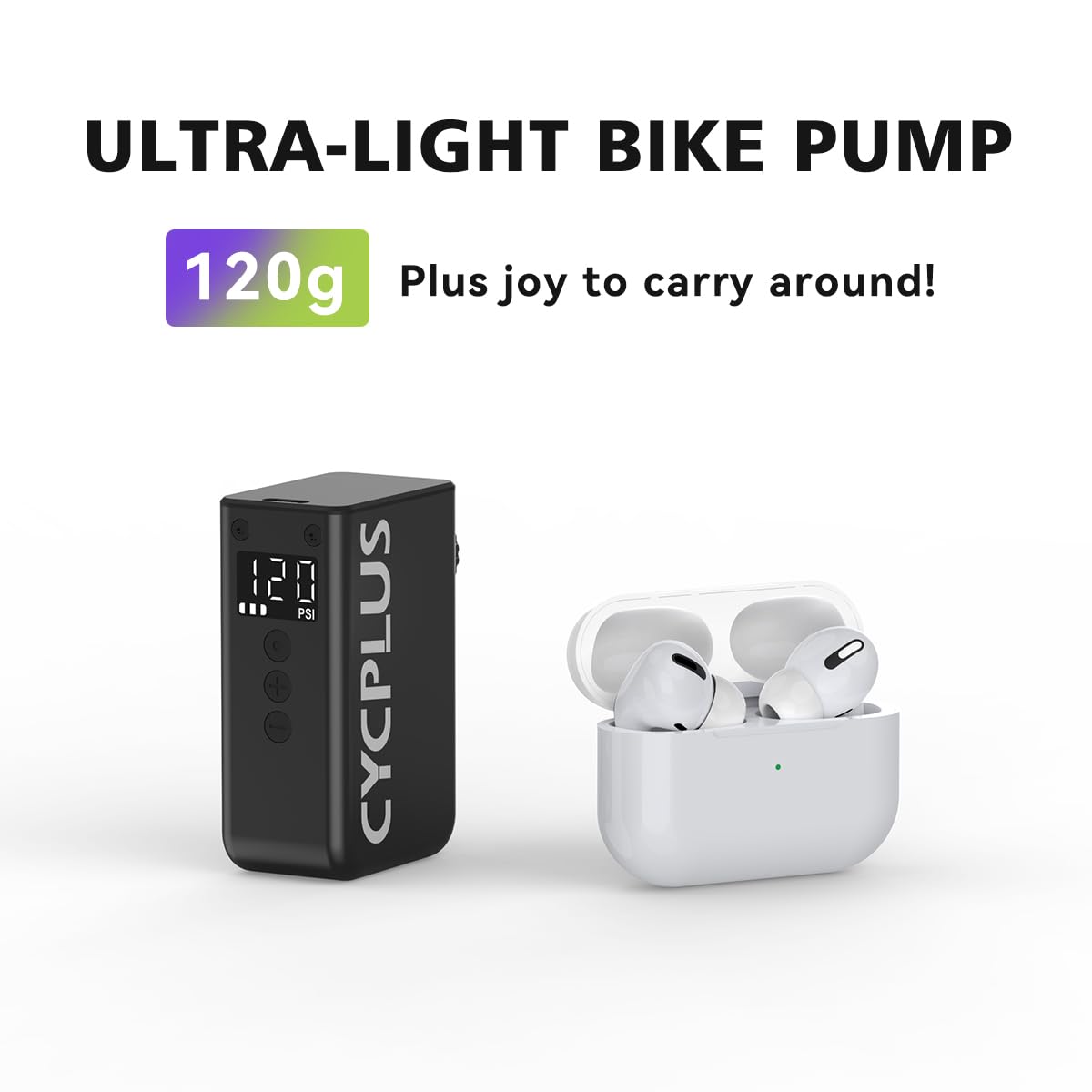 CYCPLUS Tiny Pump Mini Bike Tire Pump with Gauge, Max 120 PSI Electric Bicycle Air Pump, Auto Stop, with Presta and Schrader Valve for E-Bike, Mountain Bike, City Bike and Road Bike AS2PRO, Black