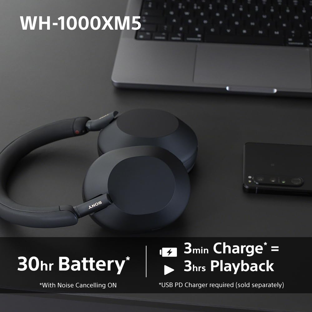 سماعات لاسلكية سوني WH 1000XM5 بخاصية الغاء الضوضاء لمدة 30 ساعة، عمر البطارية فوق الأذن مُحسَّن من أجل أليكسا وجوجل المساعد مع ميكروفون مدمج للمكالمات الهاتفية أسود، مقاس واحد