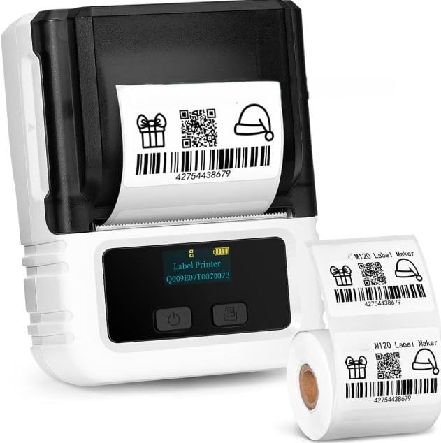 Fipka M120 Label Maker - Bluetooth Thermal Barcode Printer 2 inch 50mm Barcode Label Printer for Retail, QR Code and Small Business, Compatible with Android, iOS and PC, Black
