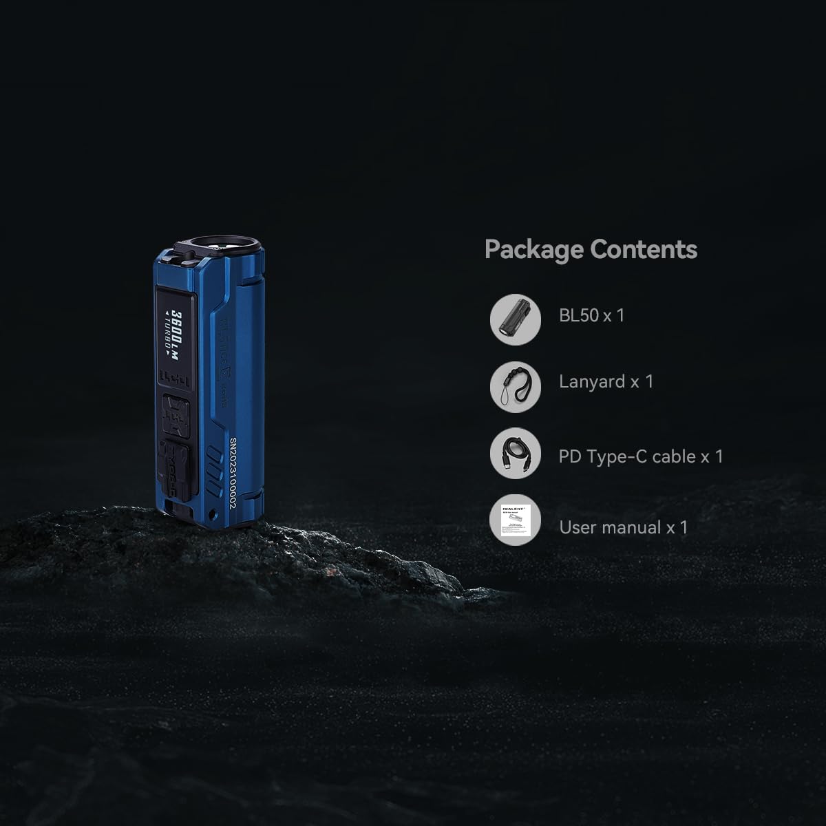ايمالينت مصباح يدوي صغير BL50 3600 لومن بمصدر ضوء مزدوج EDC مع مصباح LED ابيض وضوء الاشعة فوق البنفسجية، بطارية مدمجة قابلة لاعادة الشحن للاستخدام في الهواء الطلق والطوارئ والعمل والتخييم (ازرق)
