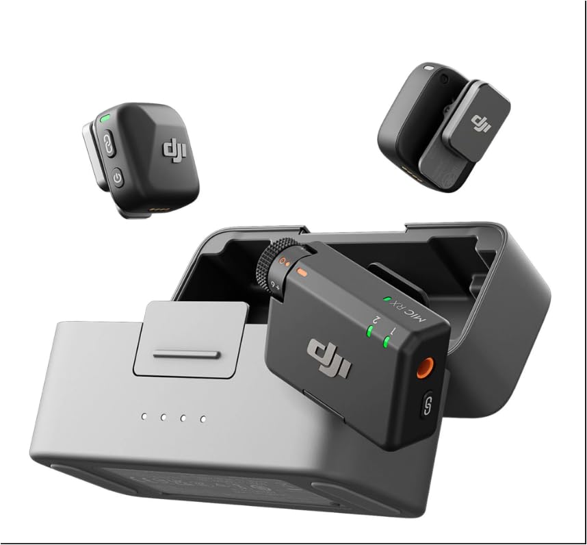 DJI ميكروفونات لافالير لاسلكية صغيرة مزدوجة مع علبة شحن