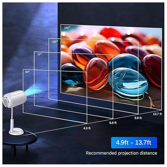 جهاز عرض محمول مع واي فاي وبلوتوث يدعم 1080p 4K مع حامل مدمج بارتفاع قابل للتعديل، للمسرح المنزلي يدعم HDMI وUSB والكمبيوتر وتي في بوكس وiOS وAndroid - ابيض