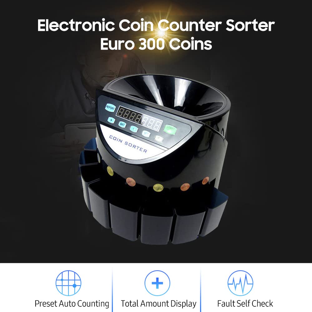 Fauno Euro Coin Counter 300 Coins Digital Mini Automatic Pre-Count/Total Money Display/Self-Check for Faults, for Store, Bank and Restaurant (AC 220V)