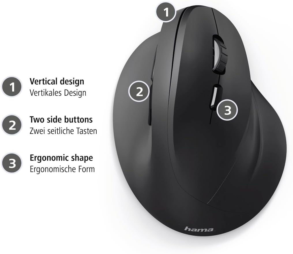 هاما ماوس لاسلكي عمودي مريح "EMW-500" 182699، 6 ازرار، اسود - (عبوة من قطعة واحدة)، USB