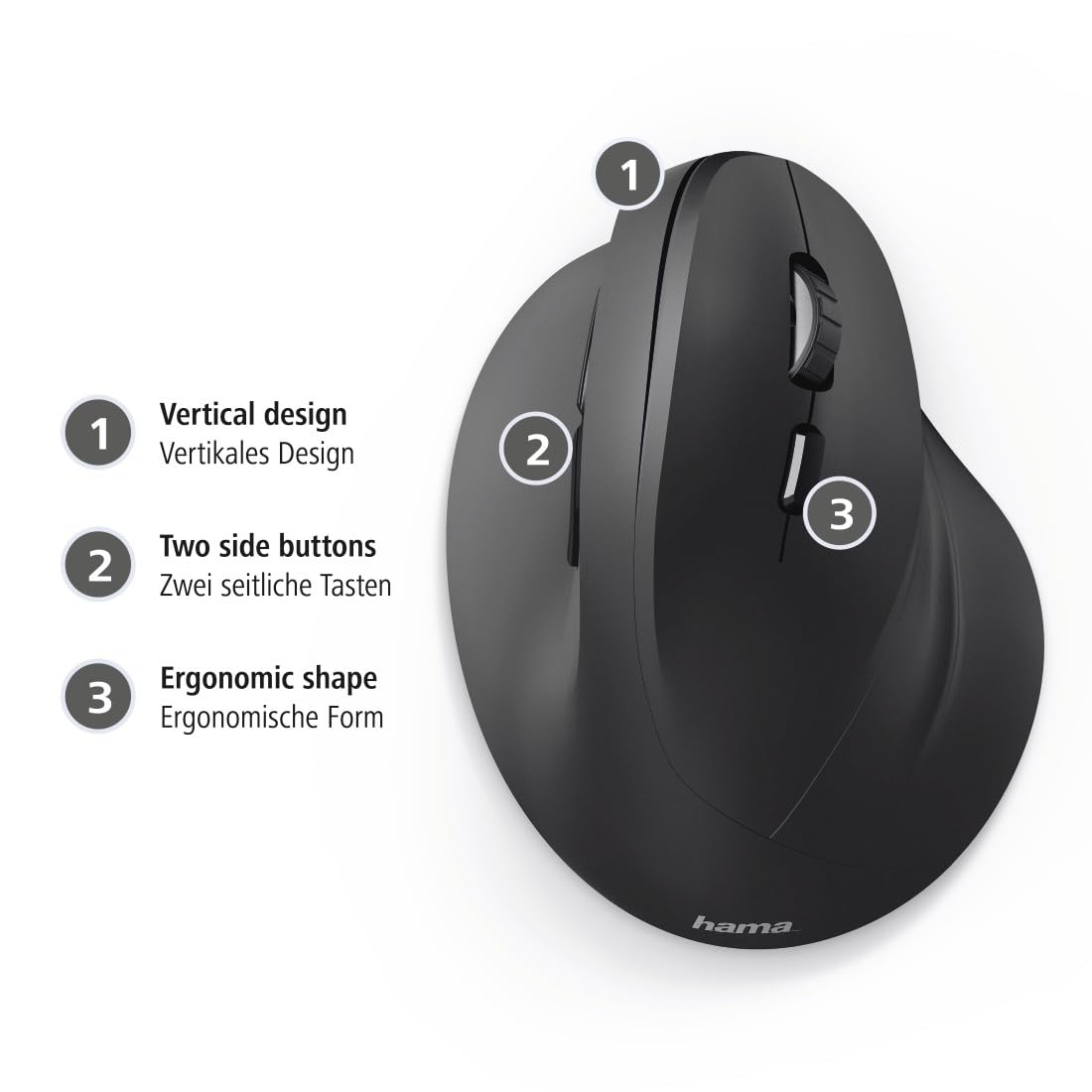 هاما ماوس لاسلكي عمودي مريح "EMW-500" 182699، 6 ازرار، اسود - (عبوة من قطعة واحدة)، USB