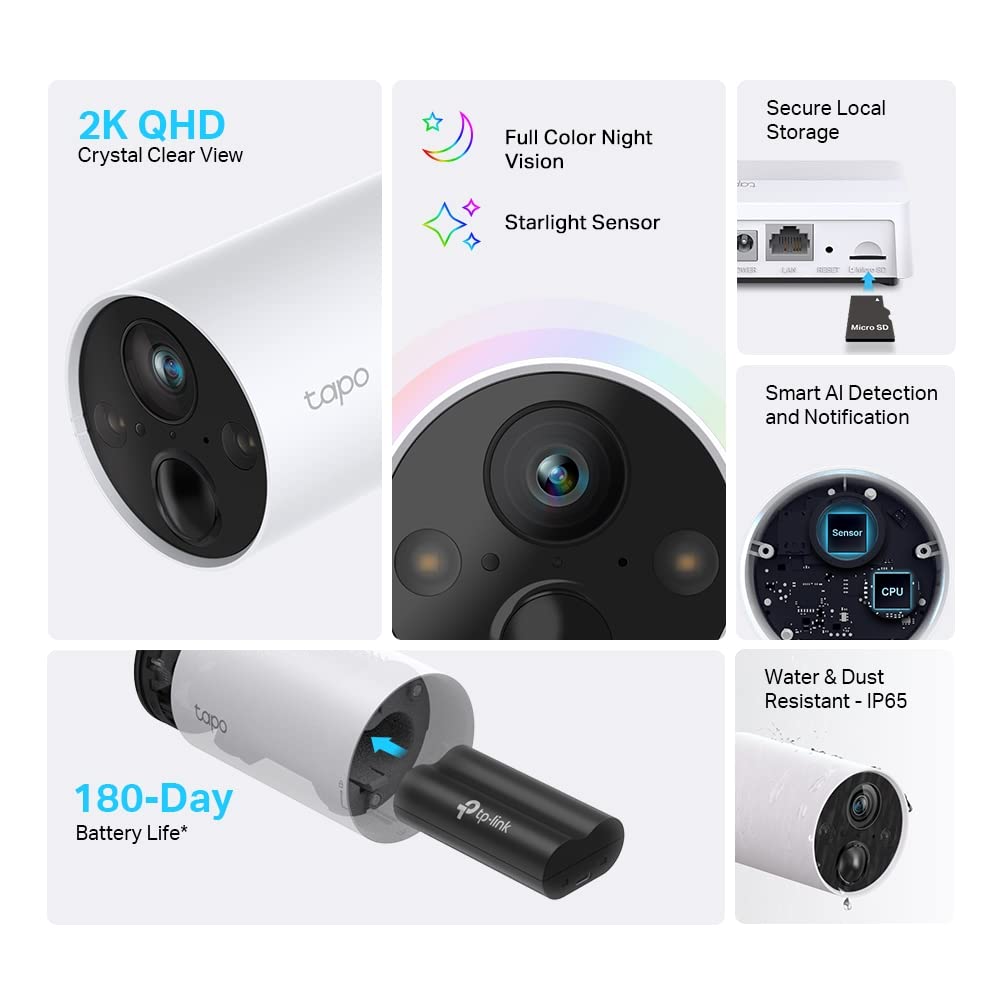 Tapo 2K 4MP Smart Wireless CCTV Security Camera System by TP-Link | 180-Day Battery Life | Color Night Vision | Person, Pet & Vehicle Detection | Two-Way Audio | IP65 Waterproof & Dustproof