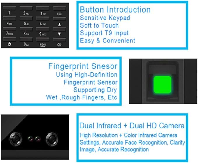 ماسح بصمات الاصابع للاعمال من دي تريل، نظام التعرف على الوجه ووقت الحضور مع شاشة TFT LCD وكاميرا بالاشعة تحت الحمراء، مسجل ساعة بيومتري USB