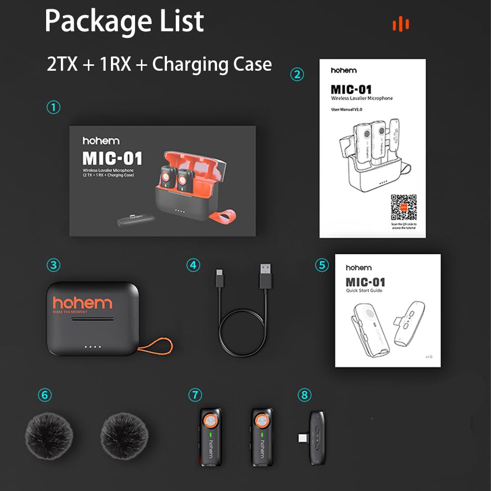 hohem MIC-01 Wireless Lavalier Microphone for Android Phone Camera Laptop,3-Level Noise Cancelling Shutter Control Built-in TF Card Slot 48KHz 16Bit, Magnet Lapel Mic for Vlog Interview TikTok Live