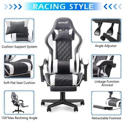 Gamax Gaming Chair Model 1-LT001L with Linkage Function Armrest & Retactable Footrest - White-Color may vary