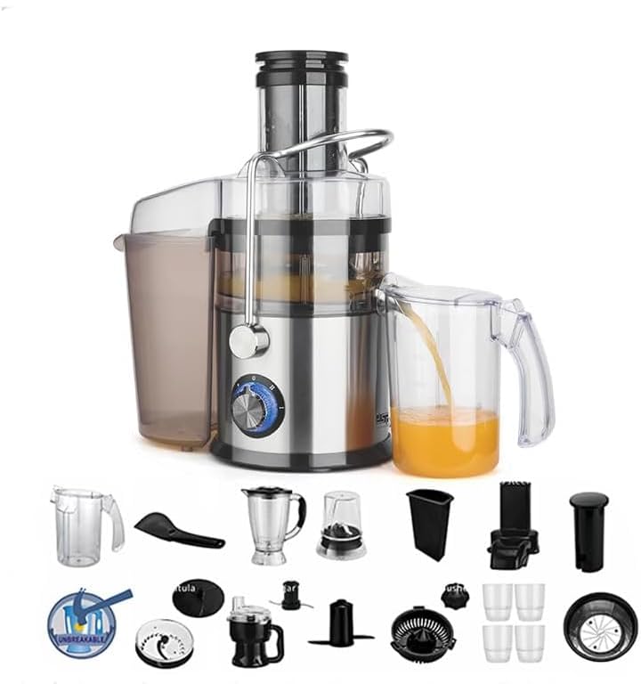 Generic DSP 21-in-1 Multi-Purpose Power juicer KJ3080 1000W 16000RPM 8827 Pure Copper Motor With Temperature control Squeeze juice，Stirring，Ground meat，Beat eggs, Shreding，Slicing Silver/Black