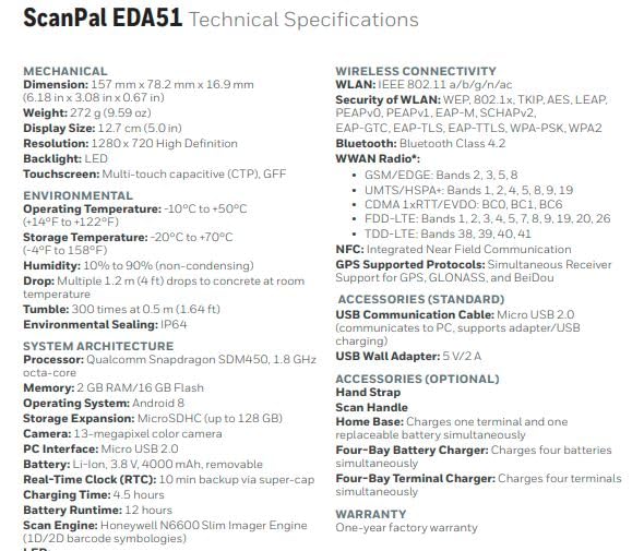 EDA52 ScanPal Handheld Computer, 5.5" Touch Display, 4GB RAM, 64GB, 2D S0703 Imager, BT, GPS, NFC, WLAN, WWAN 4G (LTE), 13MP/5MP Camera, 2-Pin, NFC, Android 11, Black | EDA52-11AE64N21RK
