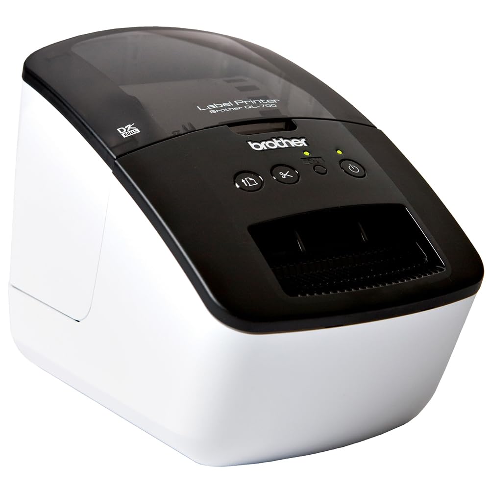 Brother QL-700 Label Maker, USB 2.0, Address Label Printer, Desktop, Up to 62mm Wide Labels, UK Plug, Black Print Only