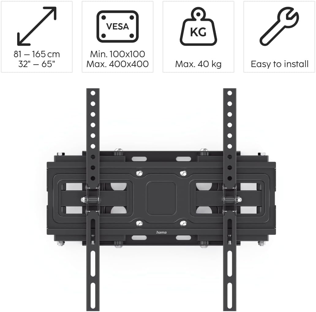 Hama 220830 Fullmotion Tilt TV Wall Bracket, 165 cm Size, 40 kg Capacity, Black