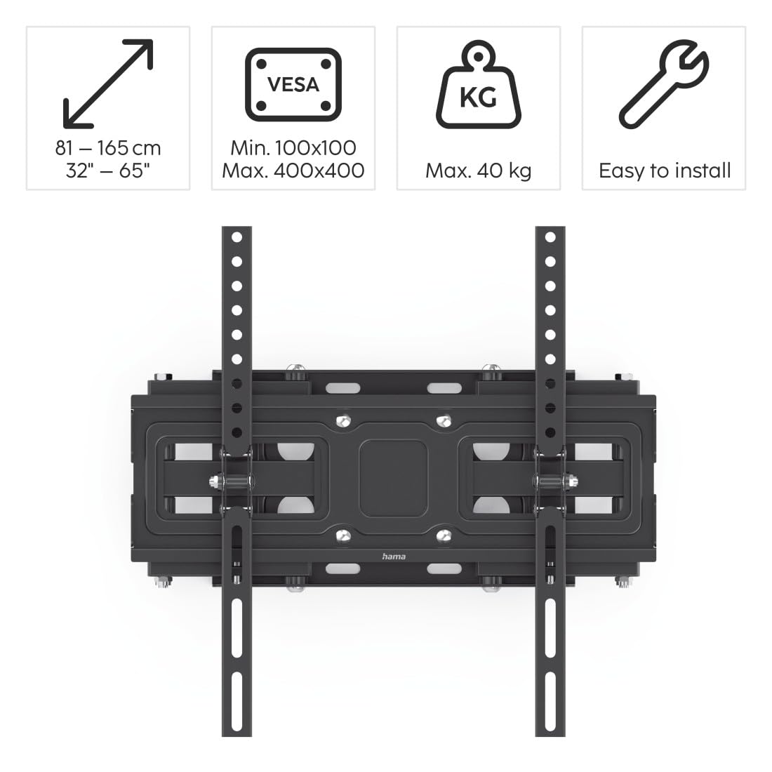 Hama 220830 Fullmotion Tilt TV Wall Bracket, 165 cm Size, 40 kg Capacity, Black