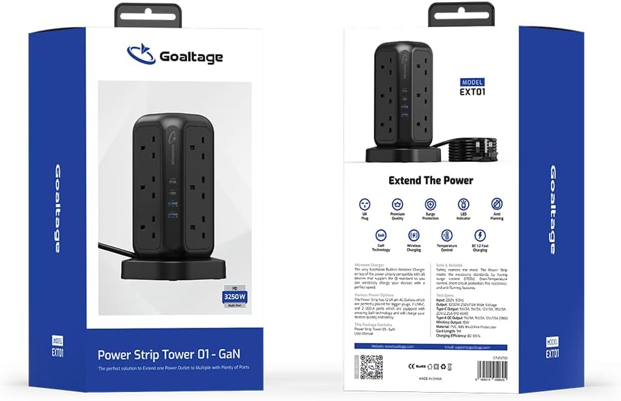 Goaltage EXT01 Power Strip Tower 3250W with Safety Protection and Wireless Fast Charging Function for Power Boost!