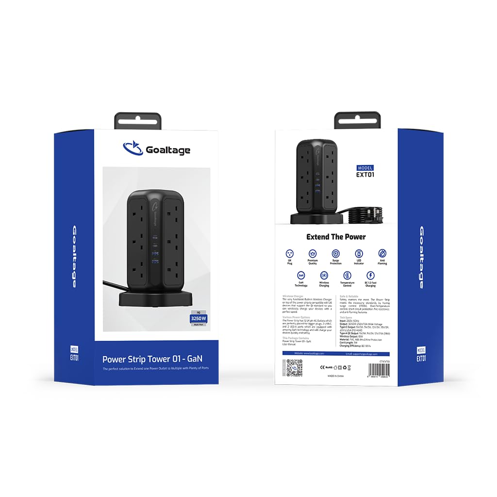 Goaltage EXT01 Power Strip Tower 3250W with Safety Protection and Wireless Fast Charging Function for Power Boost!